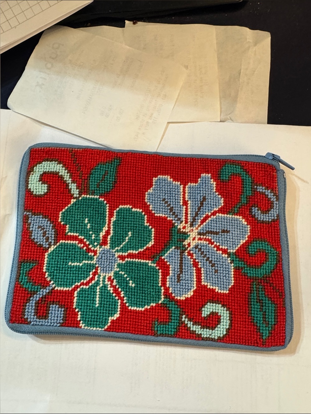 Source Unknown Red Floral Needlepoint Cosmetic Pouch with Green and Blue Flowers